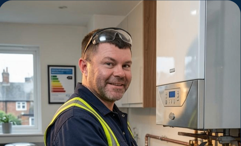 Daniel Maher of Urmston Gas Services at a boiler